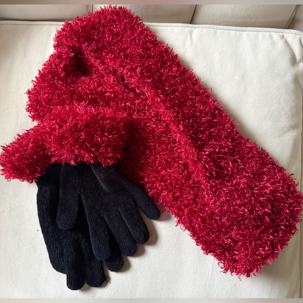 Red Fuzzy Scarf and Black Gloves Set